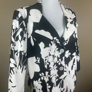 Talbots 3/4 Sleeve Blazer Jacket Petite Plus Size 14W Black White, Large Floral